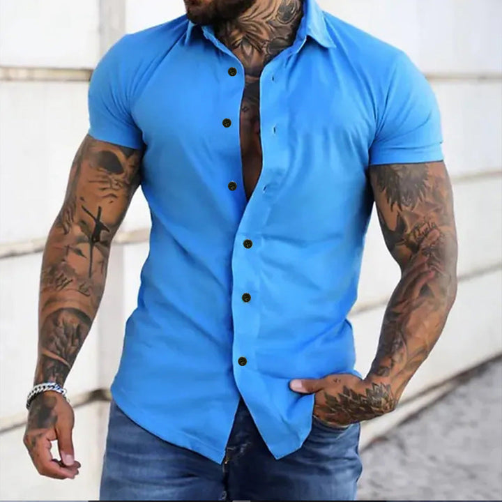 Heren Slim Fit Korte Mouw Overhemd - Klassiek Elegant - Blauw