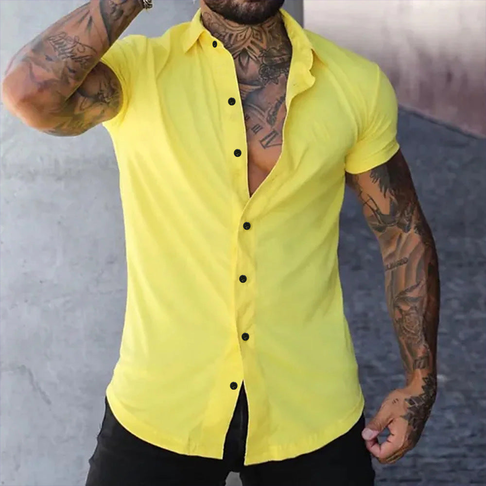 Heren Slim Fit Korte Mouw Overhemd - Klassiek Elegant - Geel
