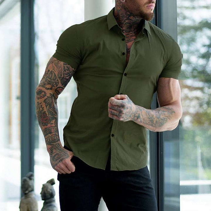 Heren Slim Fit Korte Mouw Overhemd - Klassiek Elegant - Legergroen