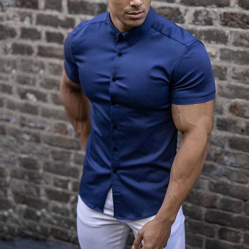 Heren Slim Fit Korte Mouw Overhemd - Klassiek Elegant - Marineblauw