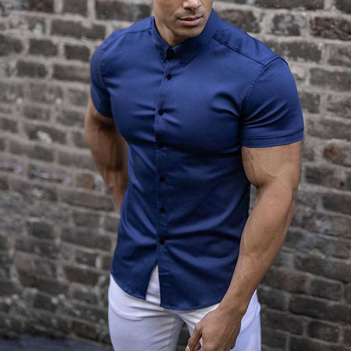 Heren Slim Fit Korte Mouw Overhemd - Klassiek Elegant - Marineblauw