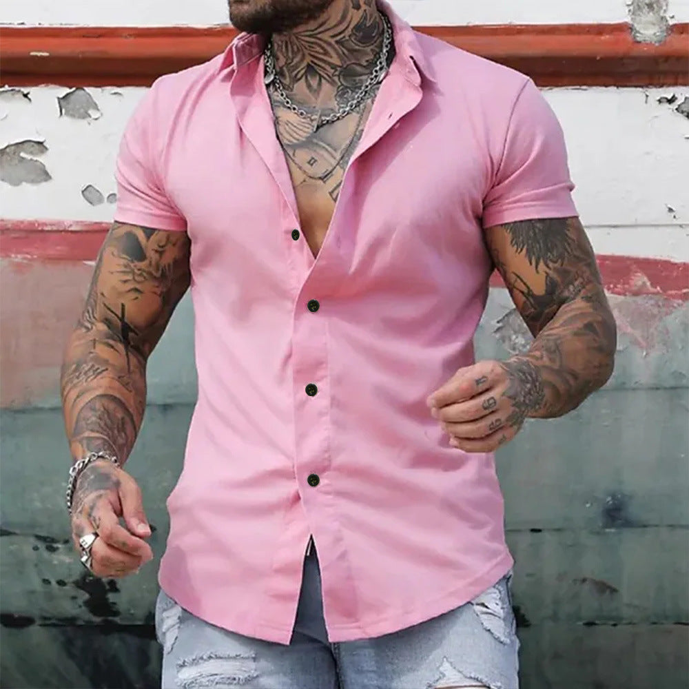 Heren Slim Fit Korte Mouw Overhemd - Klassiek Elegant - Roze