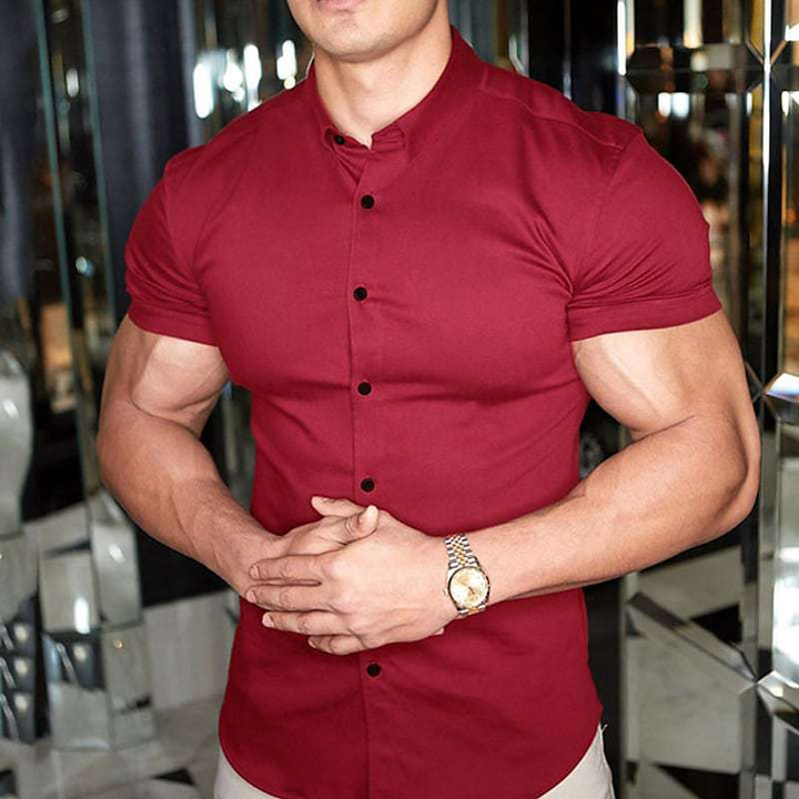 Heren Slim Fit Korte Mouw Overhemd - Klassiek Elegant - Wijnrood