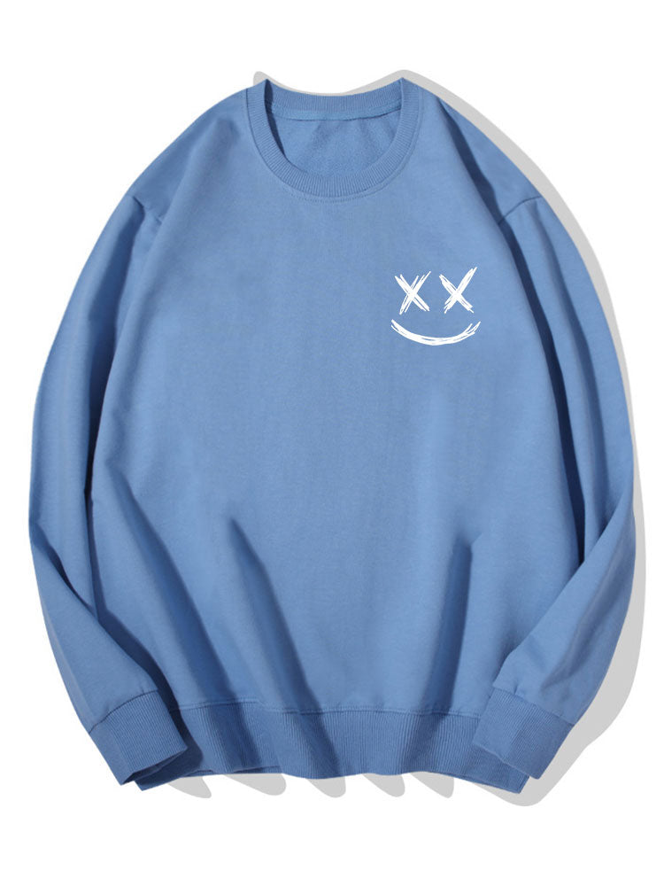 Heren Smiley Print Sweatshirt in lichtblauw, Relaxed Fit Crew Neck
