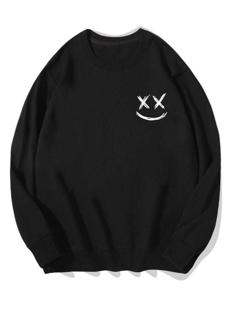 Heren Smiley Print Sweatshirt in zwart, Relaxed Fit Crew Neck