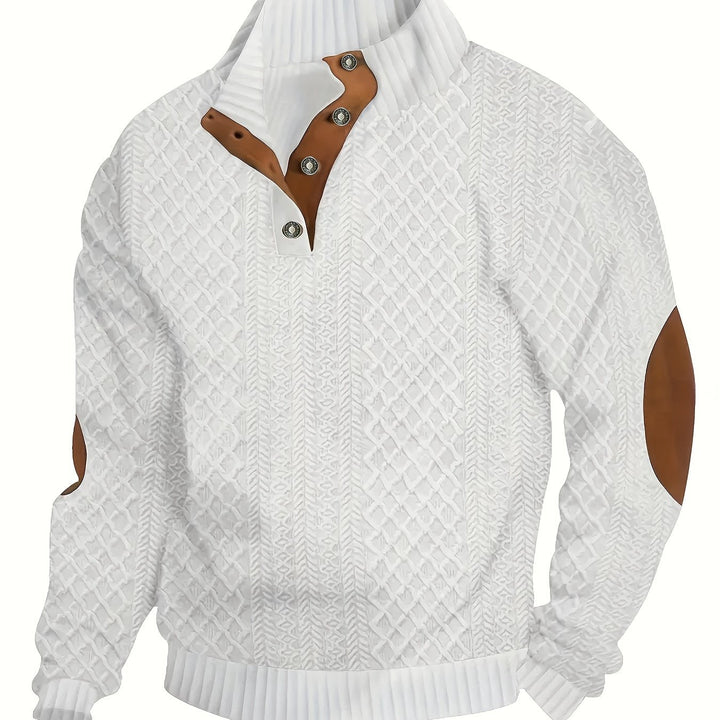 Heren Stand Collar Button Henley Sweater in crèmewit, Klassiek Comfort