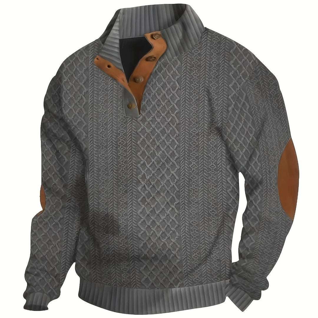 Heren Stand Collar Button Henley Sweater in donkergrijs, Klassiek Comfort
