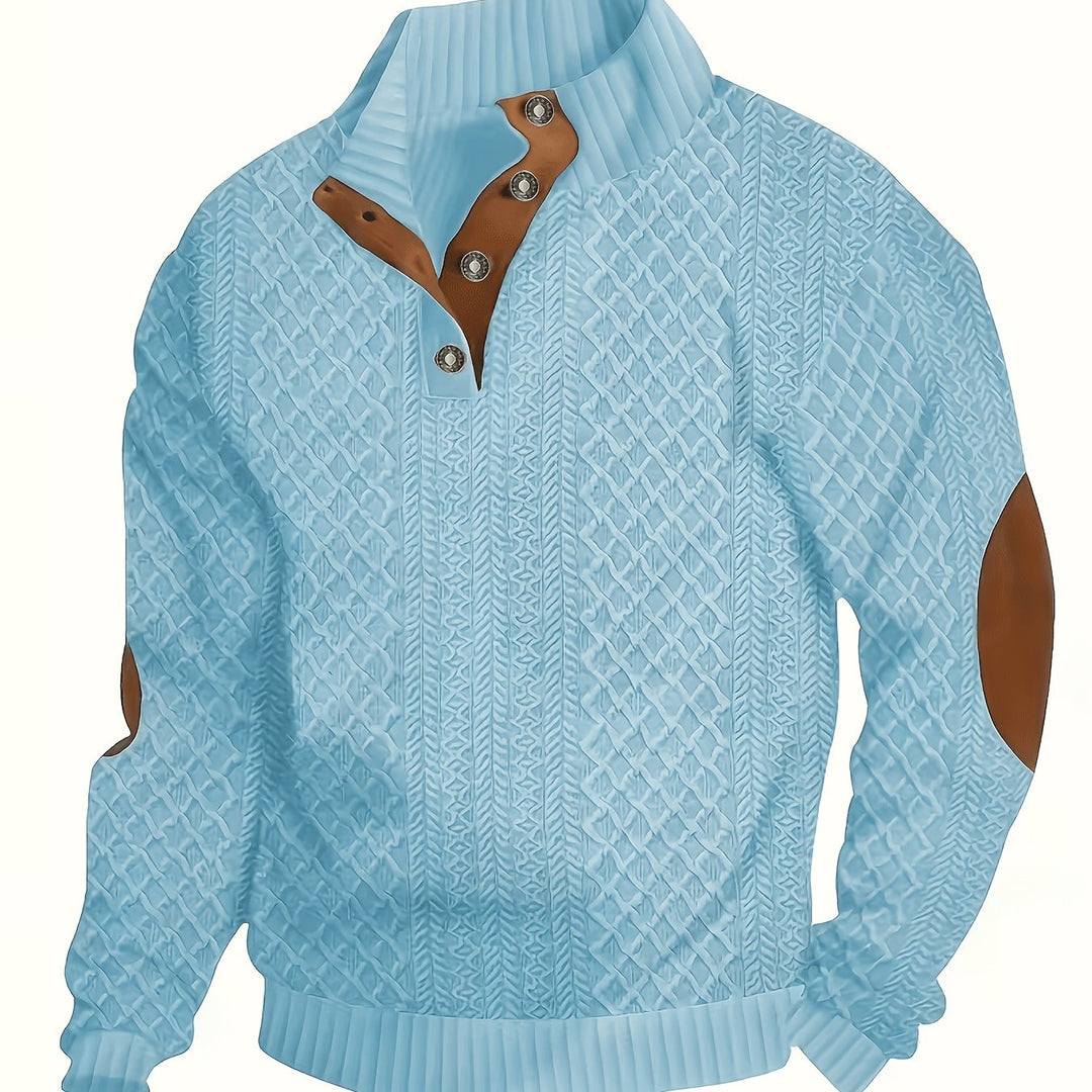 Heren Stand Collar Button Henley Sweater in hemelsblauw, Klassiek Comfort