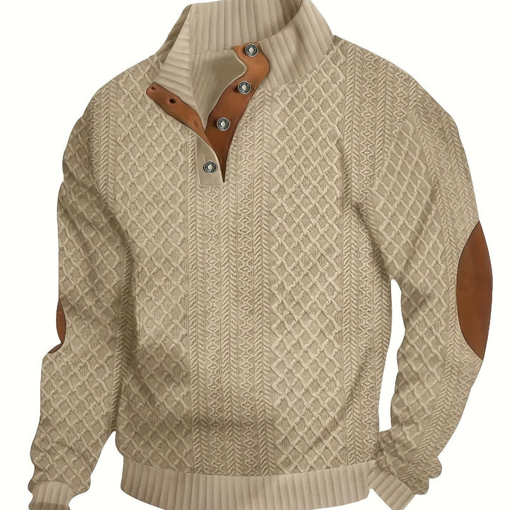Heren Stand Collar Button Henley Sweater in khaki, Klassiek Comfort