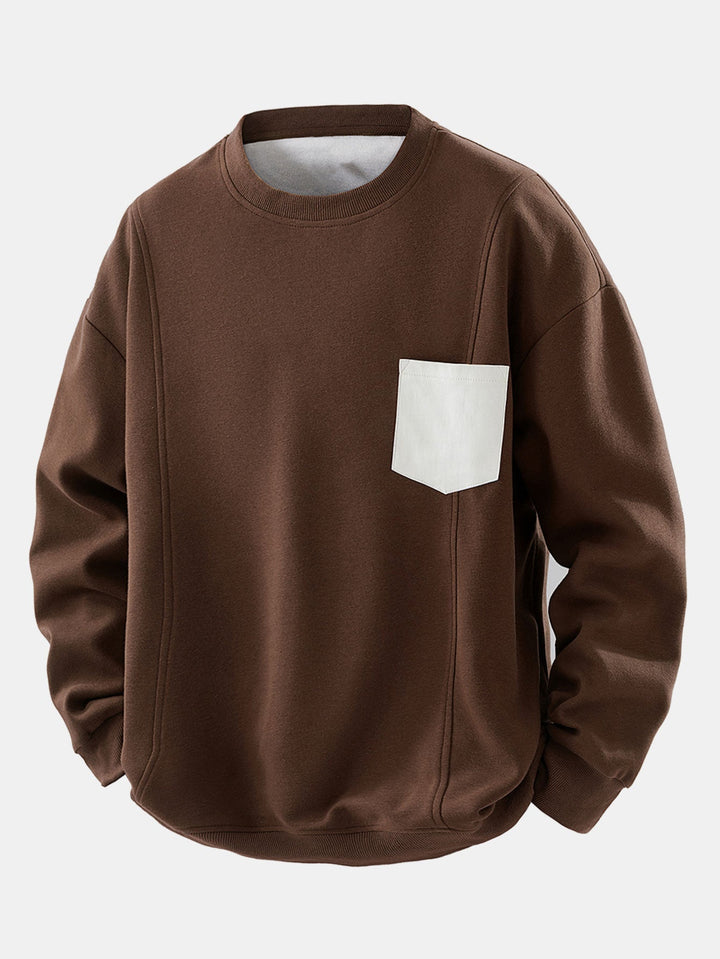 Heren Sweatshirt met Contrasterende Borstzak in donkerbruin, Relaxed Fit