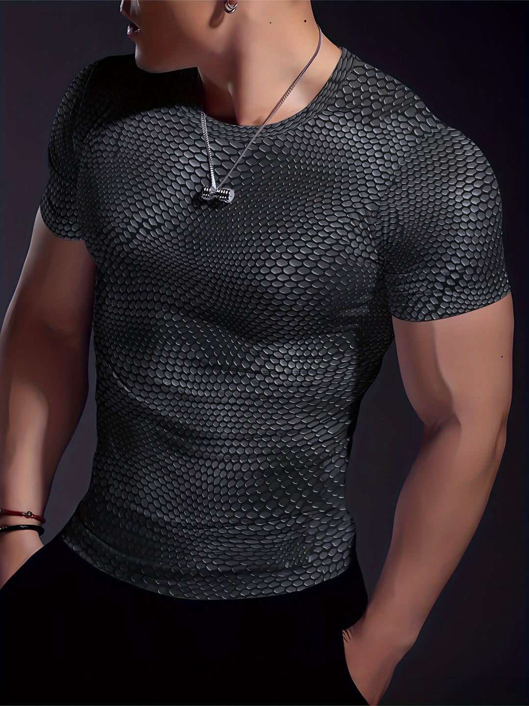 Heren T-shirt 3D Geometrisch Patroon - Stretch Sporttop - Zwart