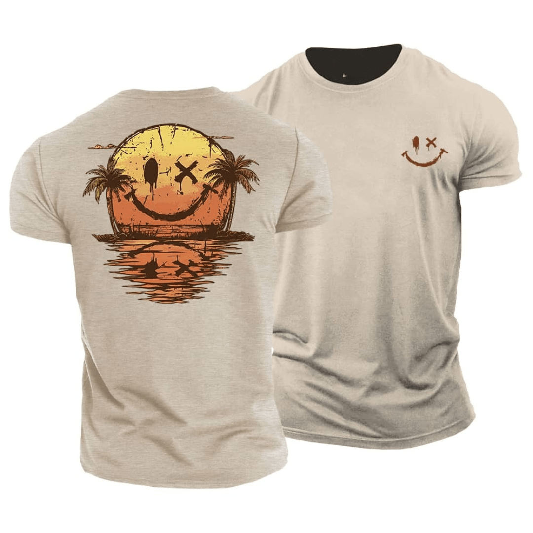 Heren T-Shirt Zomer Smiley Print - Casual Strandlook - Beige