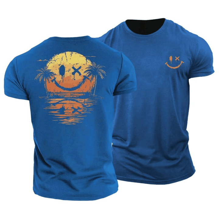 Heren T-Shirt Zomer Smiley Print - Casual Strandlook - Blauw