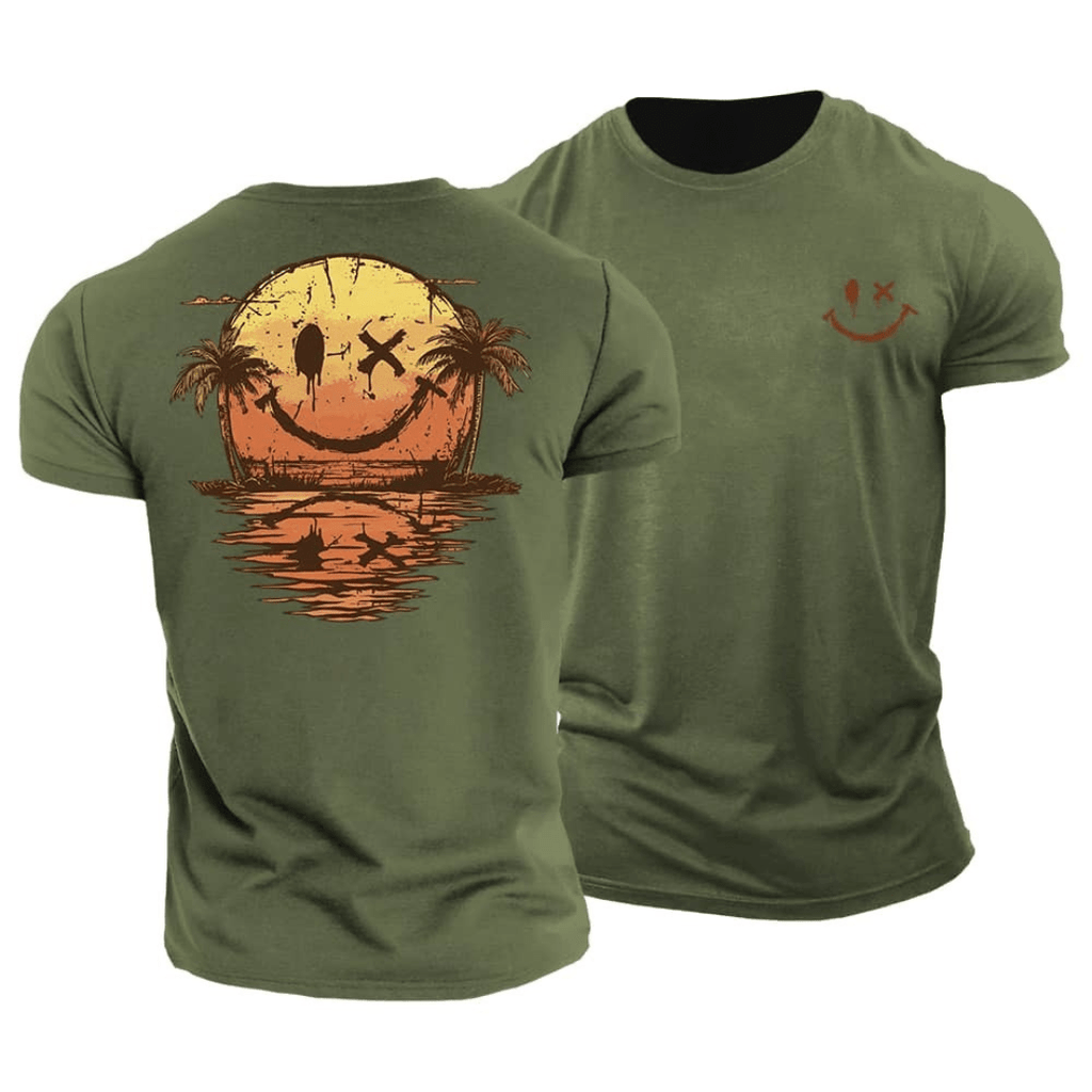 Heren T-Shirt Zomer Smiley Print - Casual Strandlook - Groen