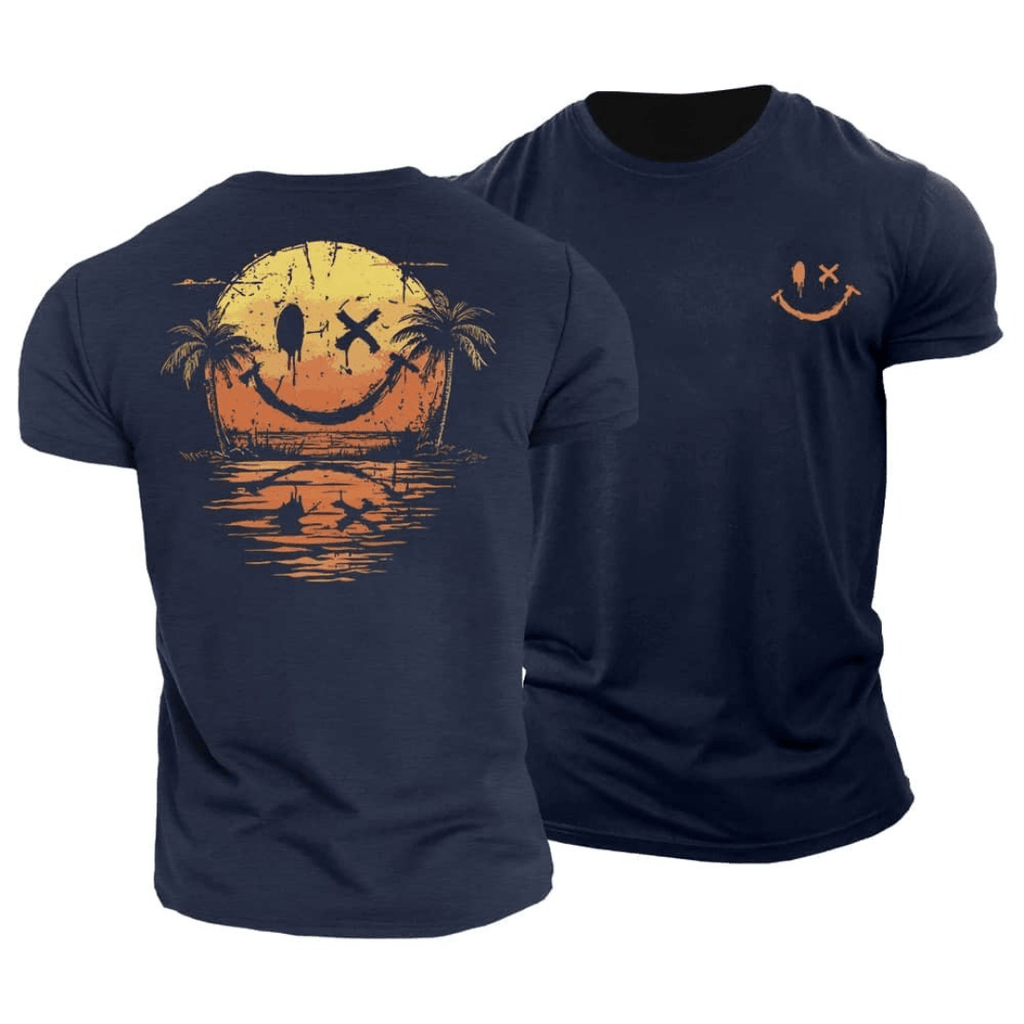 Heren T-Shirt Zomer Smiley Print - Casual Strandlook - Marineblauw
