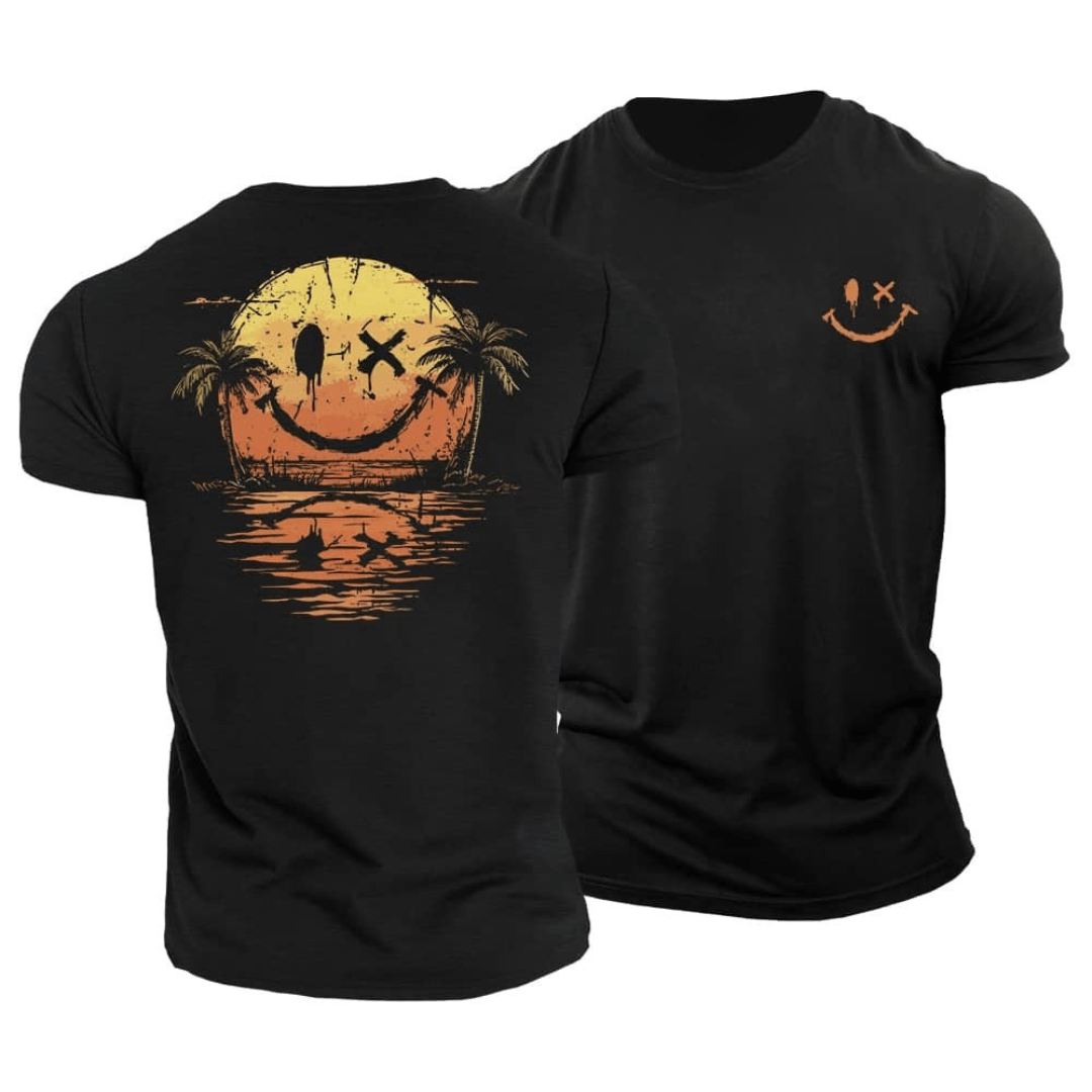 Heren T-Shirt Zomer Smiley Print - Casual Strandlook - Zwart