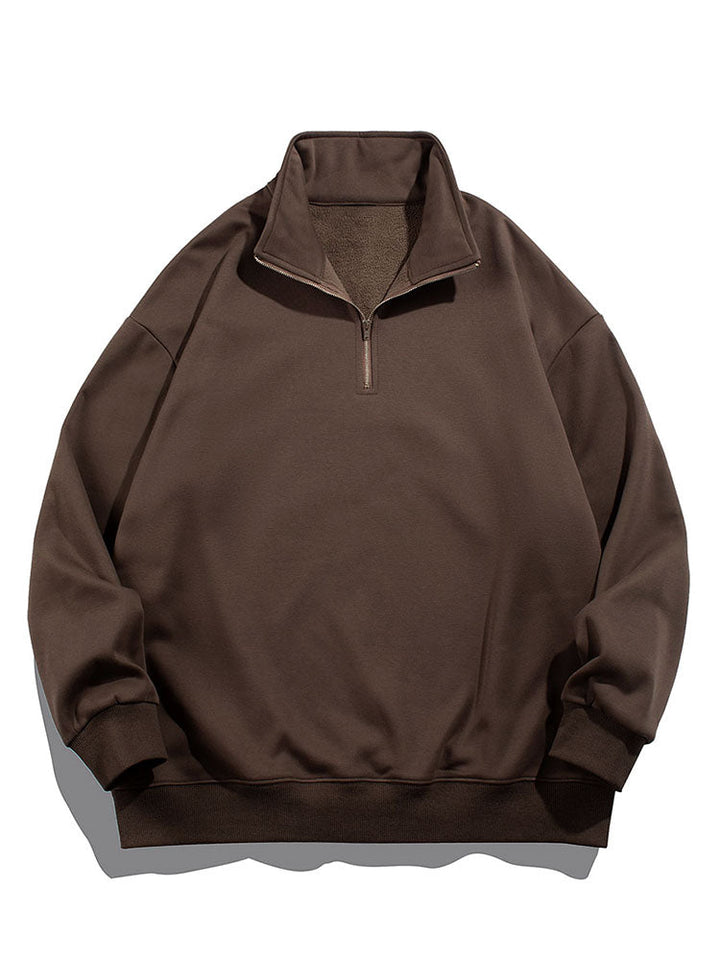 Heren Teddy Fleece Gevoerde Half Zip Sweatshirt in donkerbruin, Relaxed Fit