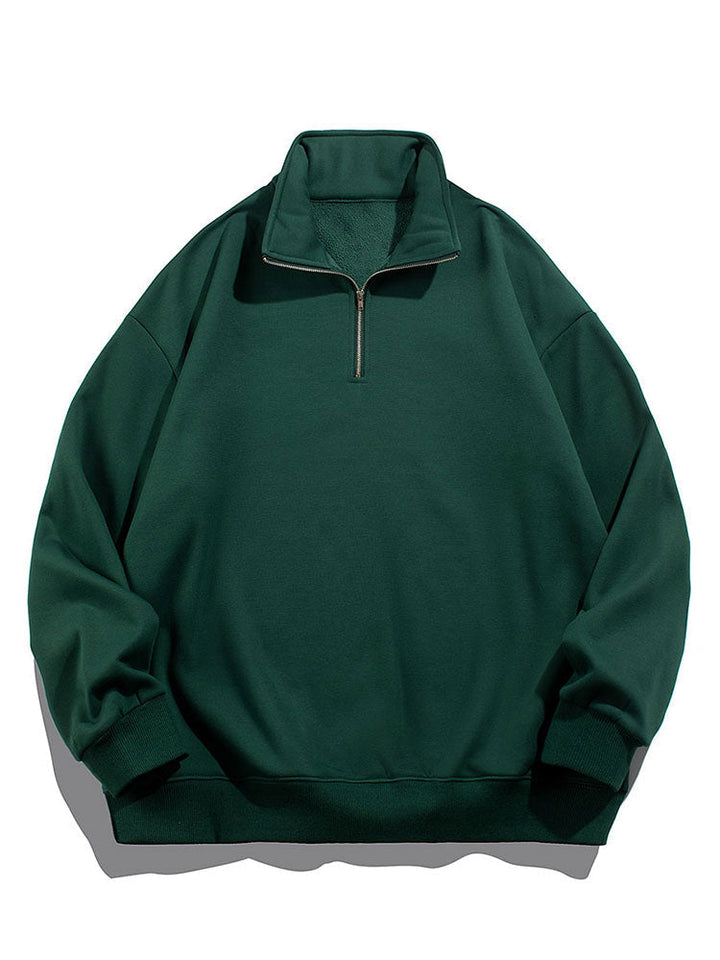 Heren Teddy Fleece Gevoerde Half Zip Sweatshirt in donkergroen, Relaxed Fit