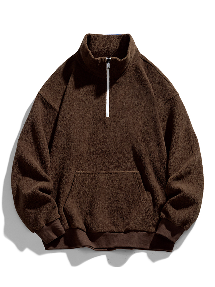 Heren Teddy Fleece Half-Zip Sweatshirt in donkerbruin, Relaxed Fit