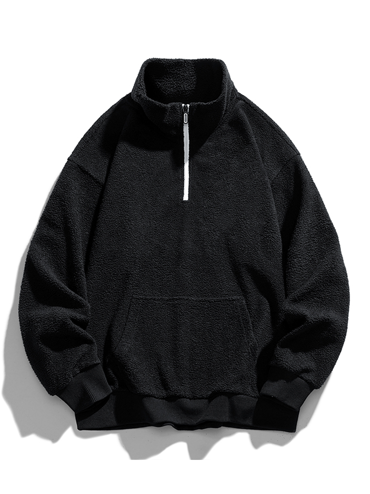 Heren Teddy Fleece Half-Zip Sweatshirt in zwart, Relaxed Fit