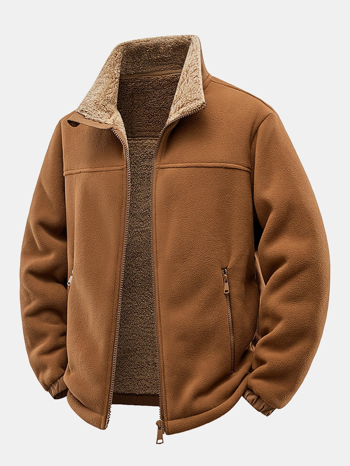 Heren Teddy Fleece Jas in bruin, Relaxed Fit Winterjas met Staande Kraag