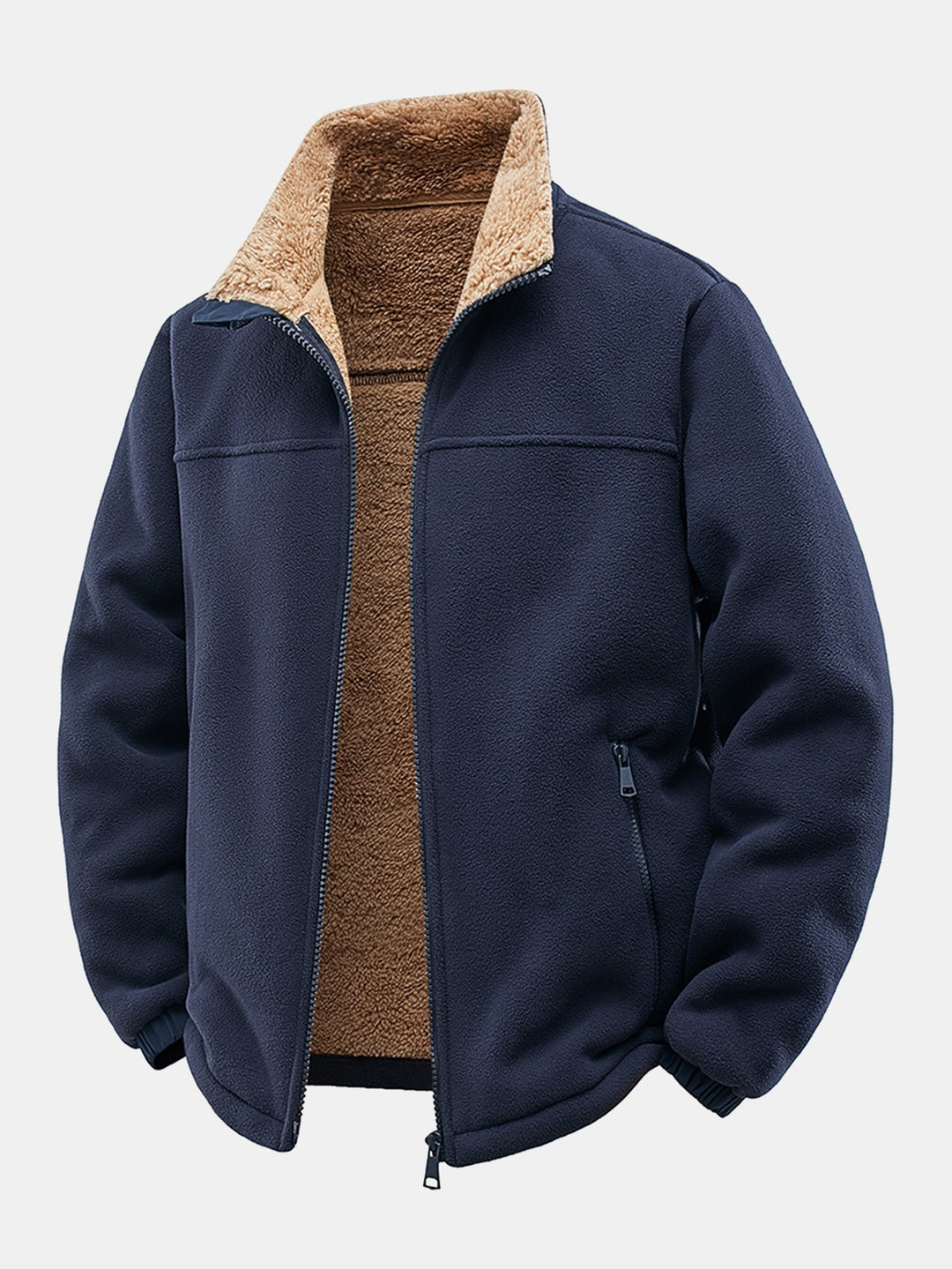 Heren Teddy Fleece Jas in marineblauw, Relaxed Fit Winterjas met Staande Kraag
