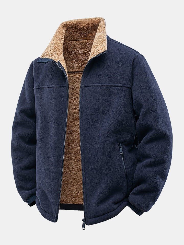 Heren Teddy Fleece Jas in marineblauw, Relaxed Fit Winterjas met Staande Kraag