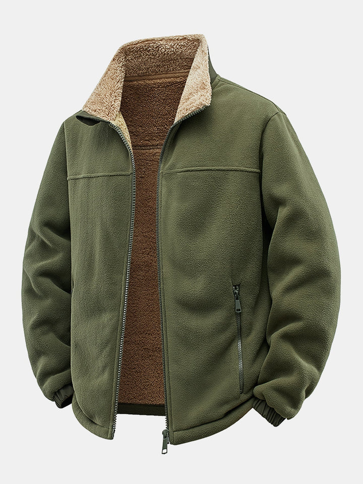Heren Teddy Fleece Jas in olijfgroen, Relaxed Fit Winterjas met Staande Kraag
