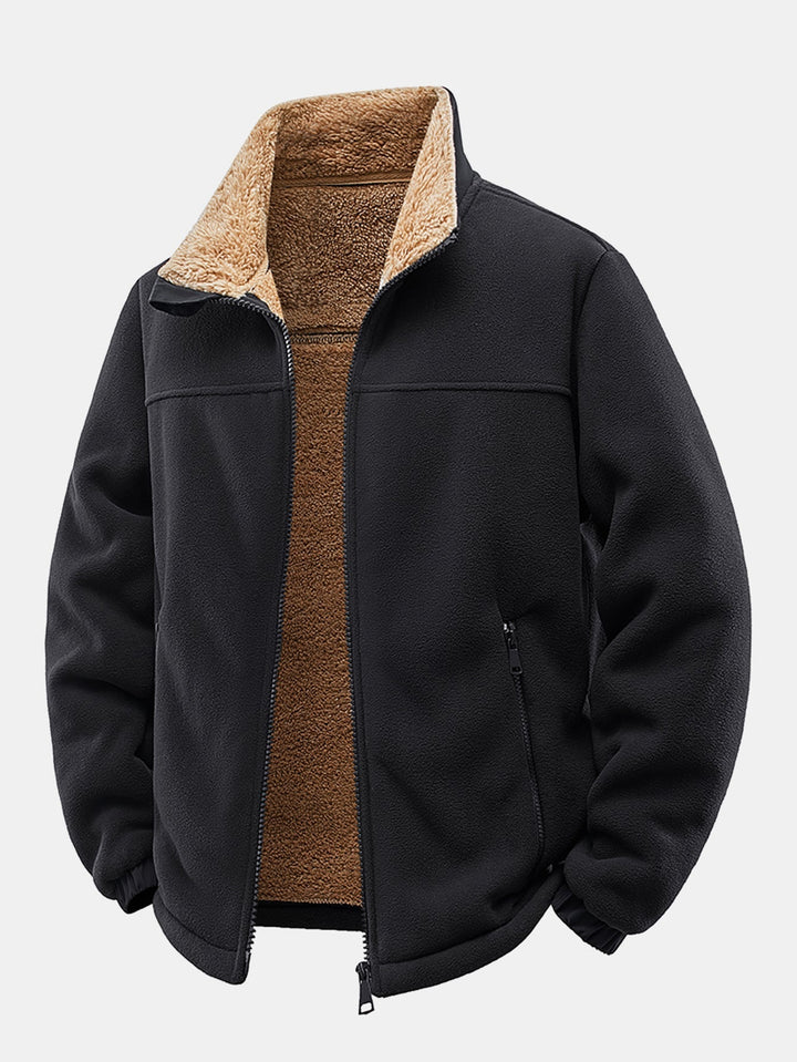 Heren Teddy Fleece Jas in zwart, Relaxed Fit Winterjas met Staande Kraag