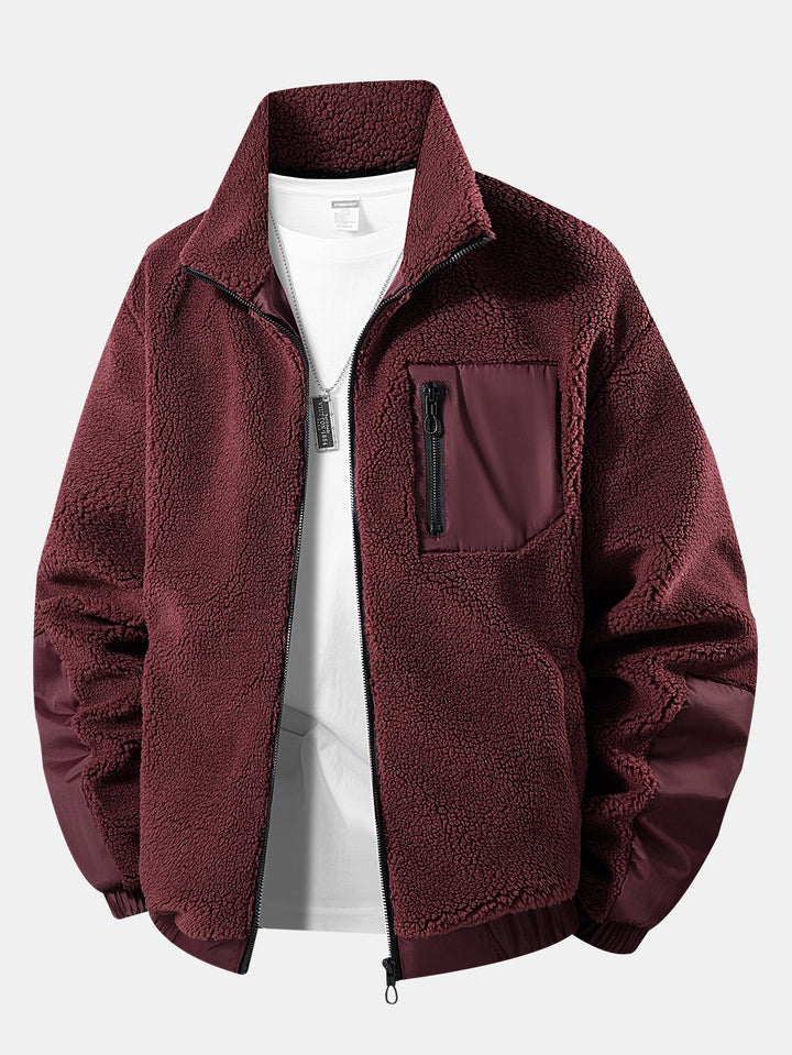 Heren Teddy Fleece Zip-Up Jas in wijnrood, Warm Casual Winterjas