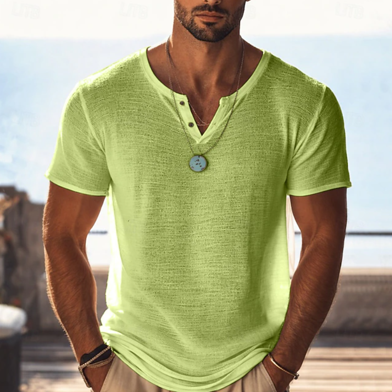 Heren Textuur Henley V-Hals T-Shirt - Zomerstijl - Geelgroen