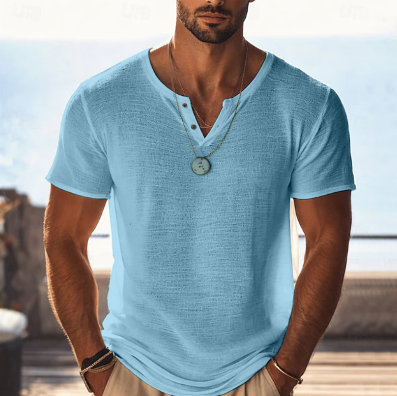 Heren Textuur Henley V-Hals T-Shirt - Zomerstijl - Lichtblauw