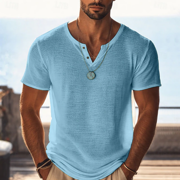 Heren Textuur Henley V-Hals T-Shirt - Zomerstijl - Lichtblauw