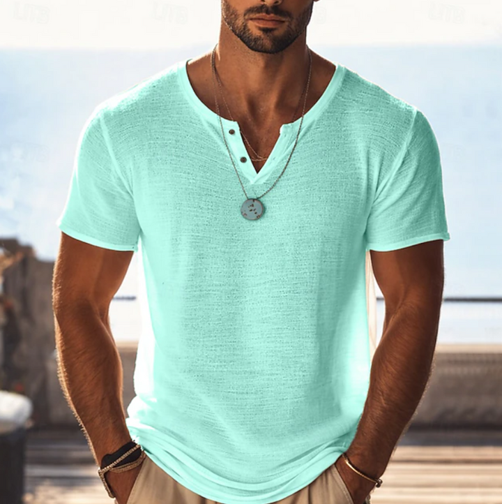 Heren Textuur Henley V-Hals T-Shirt - Zomerstijl - Lichtgroen