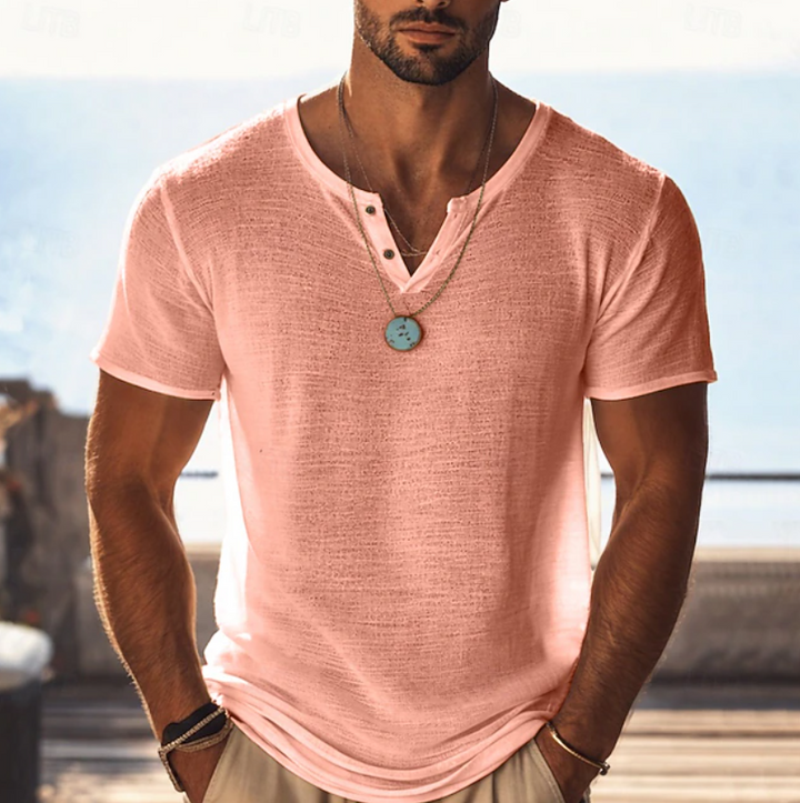 Heren Textuur Henley V-Hals T-Shirt - Zomerstijl - Oranje