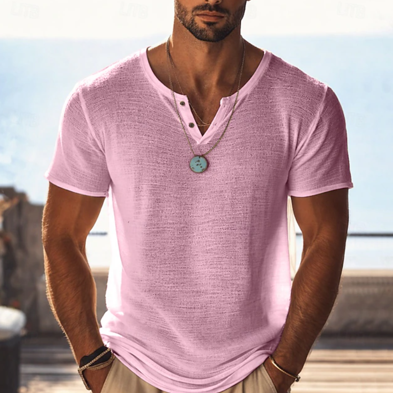 Heren Textuur Henley V-Hals T-Shirt - Zomerstijl - Roze