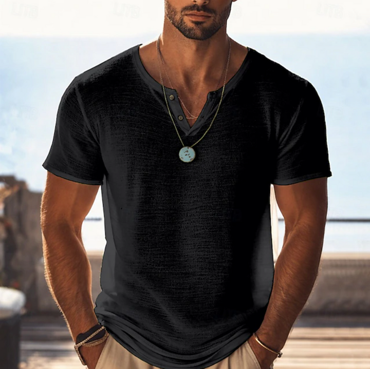 Heren Textuur Henley V-Hals T-Shirt - Zomerstijl - Zwart