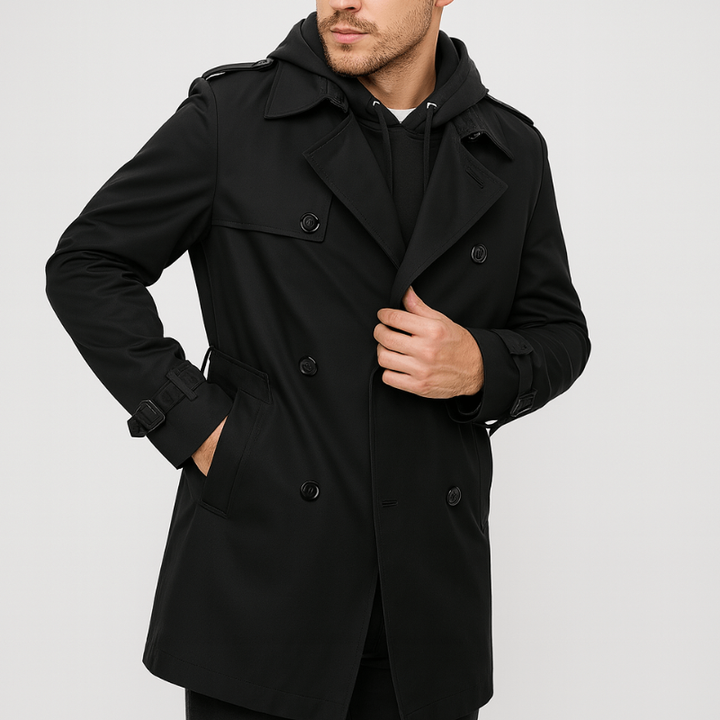 Heren Trenchcoat Double Breasted - Klassieke Herfstjas - Zwart