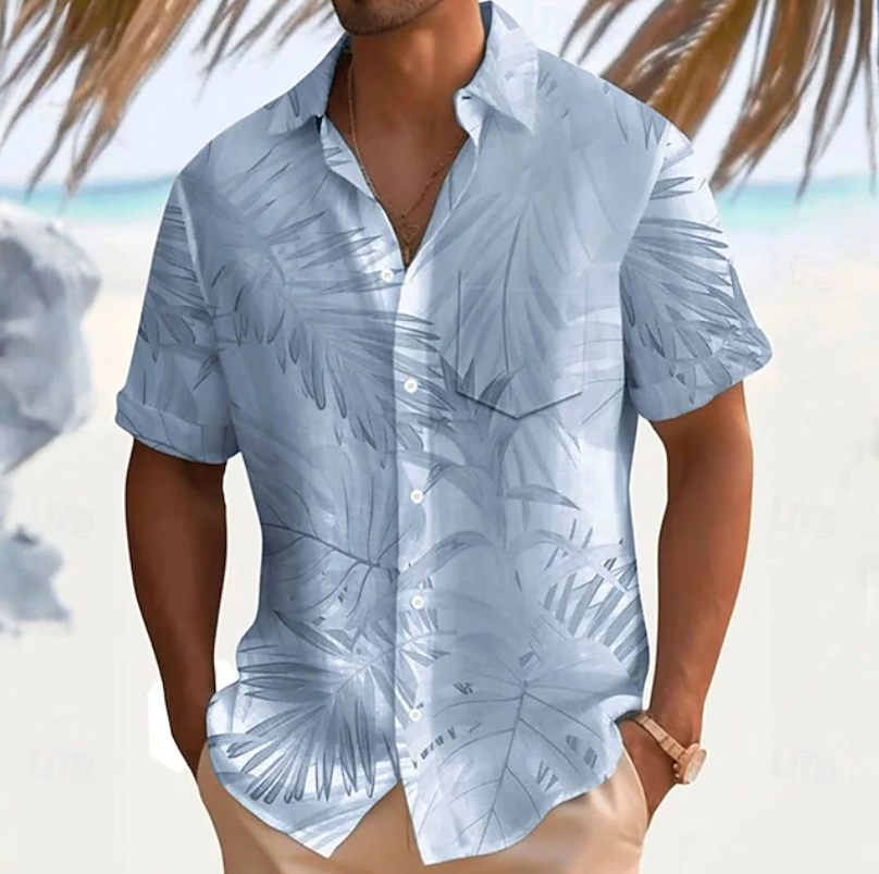 Heren Tropische Print Korte Mouwen Overhemd in blauw, Casual Zomer