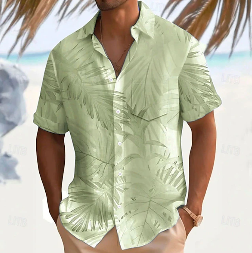 Heren Tropische Print Korte Mouwen Overhemd in groen, Casual Zomer