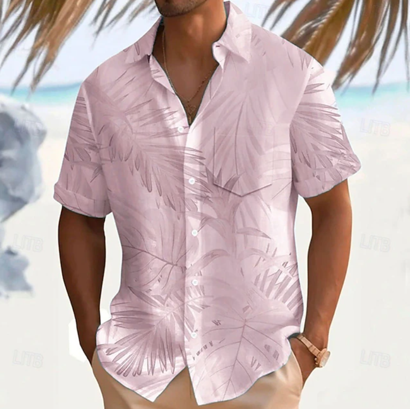 Heren Tropische Print Korte Mouwen Overhemd in roze, Casual Zomer