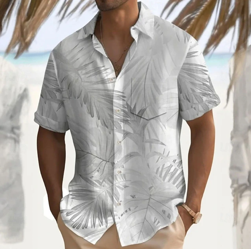 Heren Tropische Print Korte Mouwen Overhemd in wit, Casual Zomer