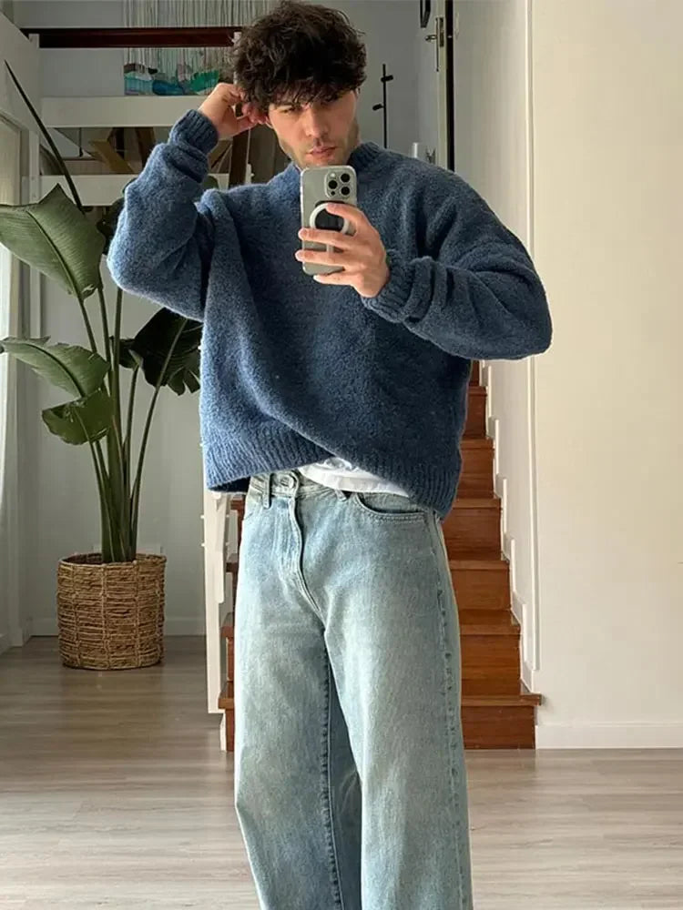 Heren Trui Blauw - Klassieke Stijl met Ronde Hals