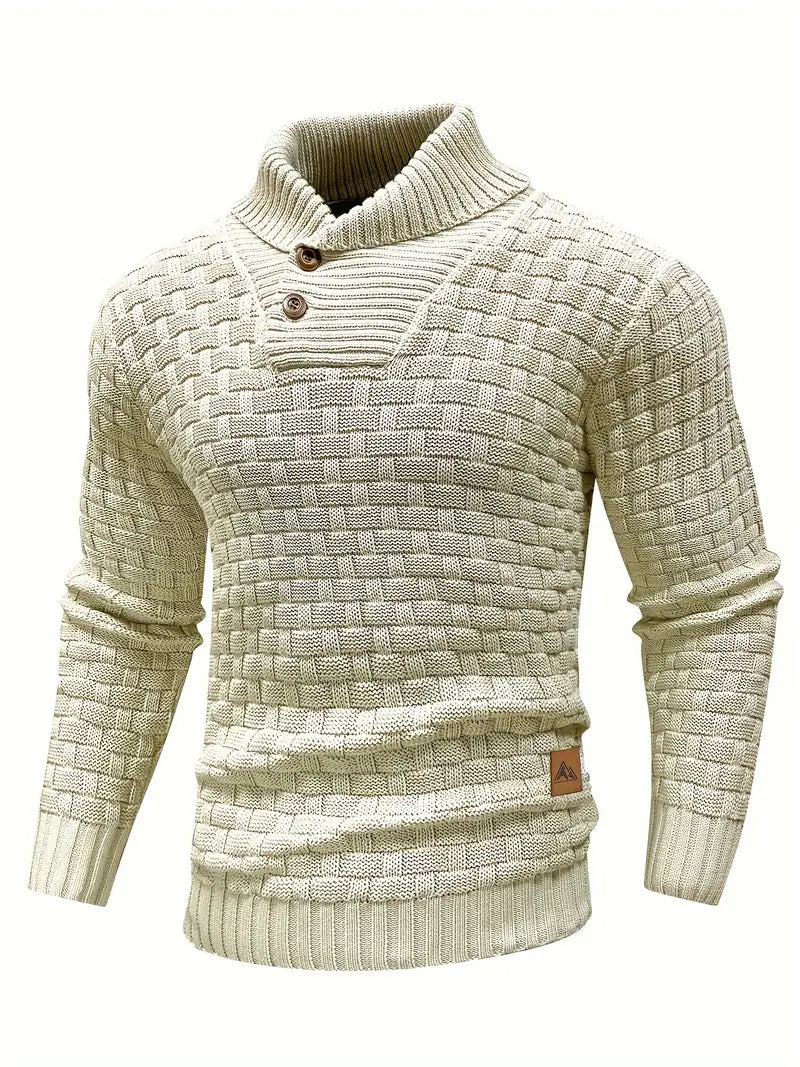 Heren Trui met Knoopsluiting en Breipatroon - Regular Fit - Khaki
