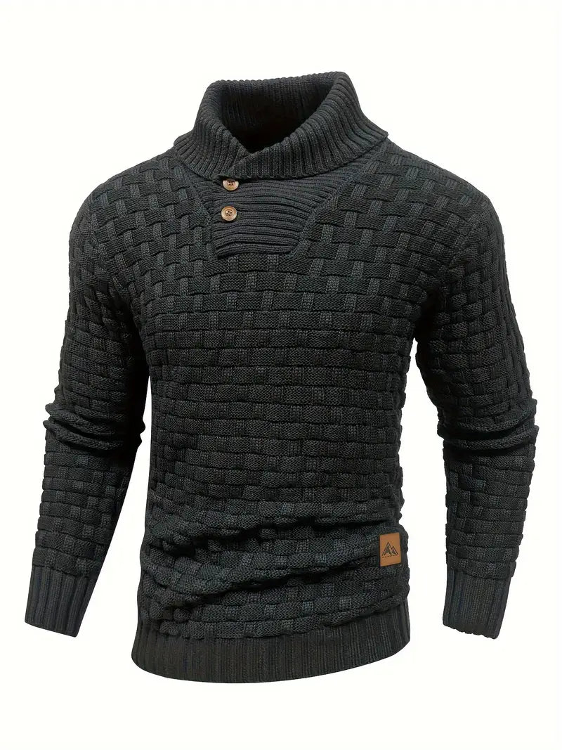 Heren Trui met Knoopsluiting en Breipatroon - Regular Fit - Zwart
