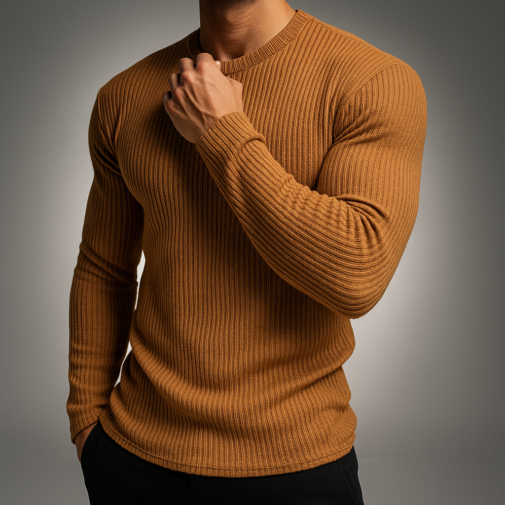Heren Trui Slimfit Ribstructuur - Lange Mouw - Bruin