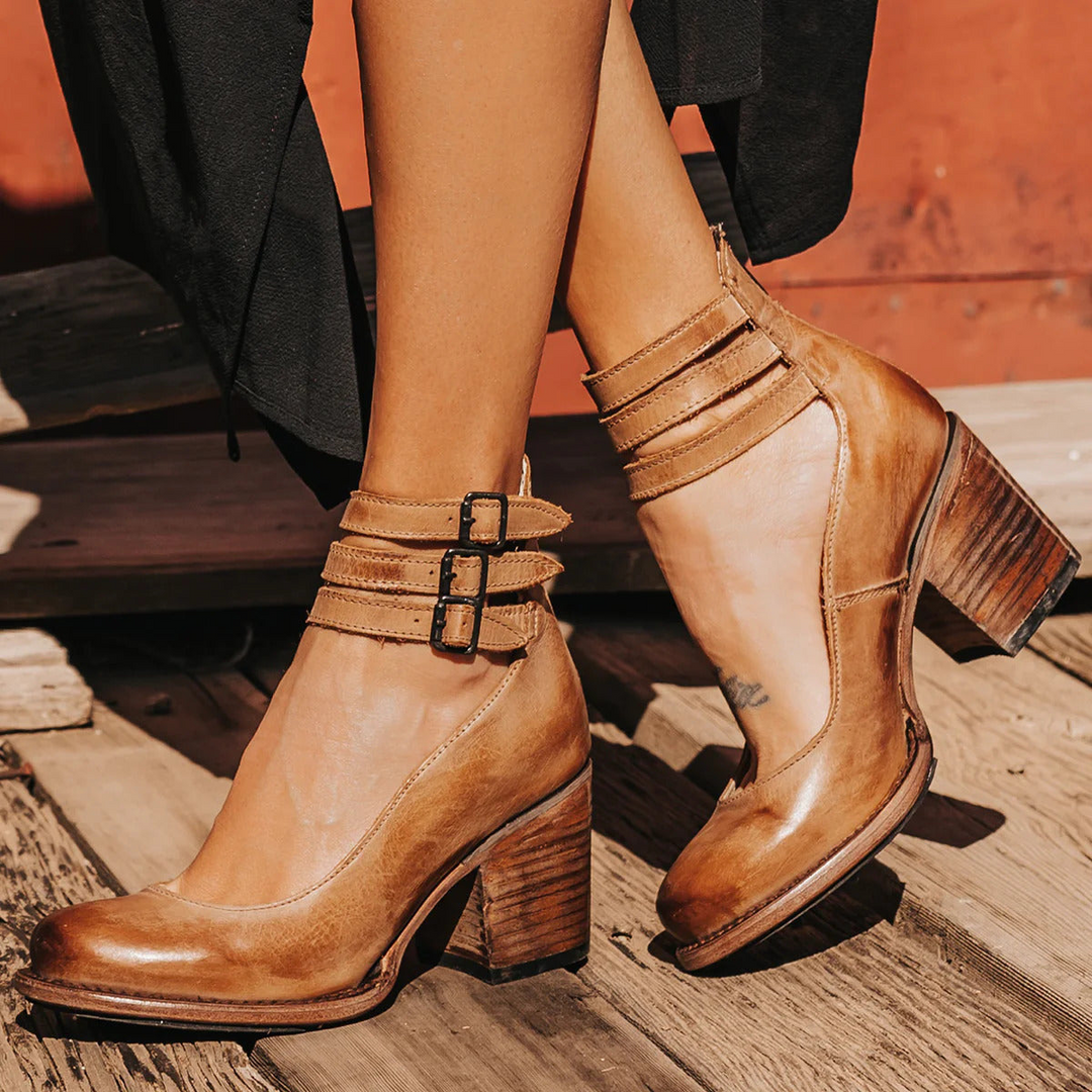 Heren Vintage Enkelbandschoenen met Blokhak - Elegante Sandaalhakken - Bruin