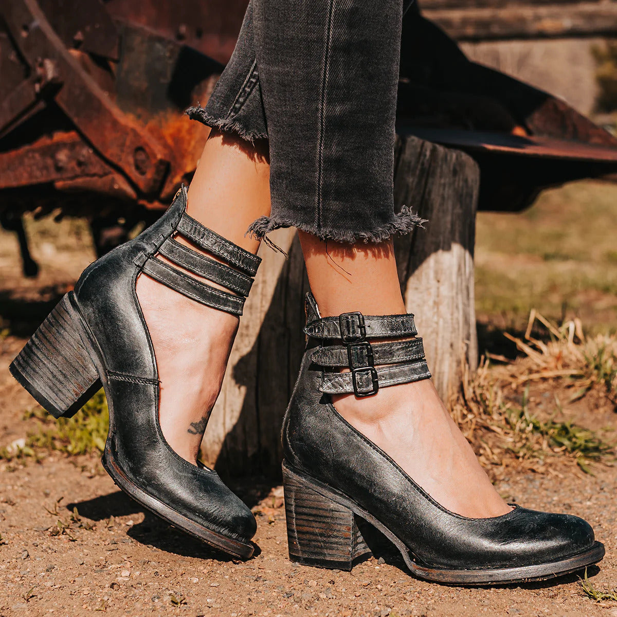 Heren Vintage Enkelbandschoenen met Blokhak - Elegante Sandaalhakken