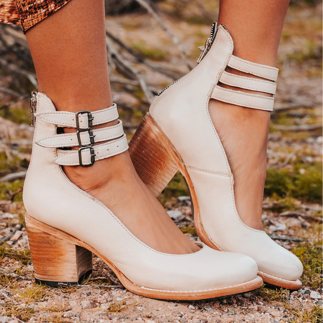 Heren Vintage Enkelbandschoenen met Blokhak - Elegante Sandaalhakken - Wit