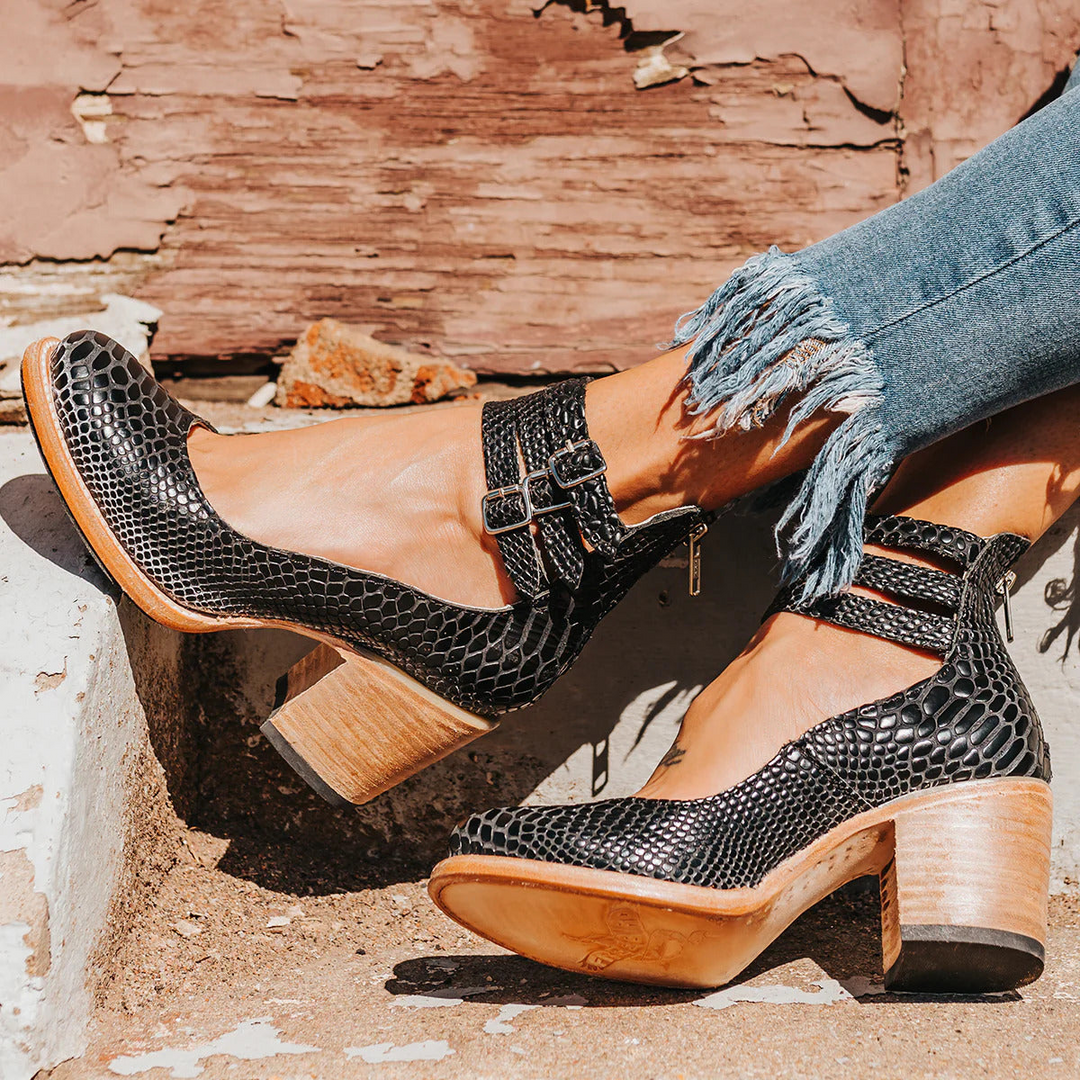 Heren Vintage Enkelbandschoenen met Blokhak - Elegante Sandaalhakken - Zwart Slangenhuid
